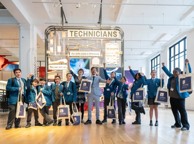 Group and students and teachers at the Technicians Gallery at the Science Museum
