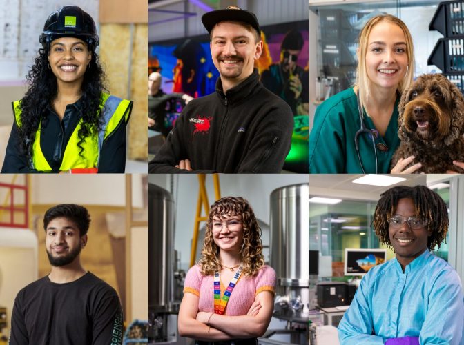 A group of six technicians in their workwear - a Building Systems Technician, a Special Effects Technician, a Veterinary Nurse, a Museum and Galleries Technician, a Metrology Technician and Healthcare Laboratory Technician.