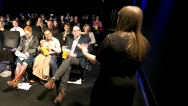 Beth Jones welcoming guests at the premiere of Demo: The Movie