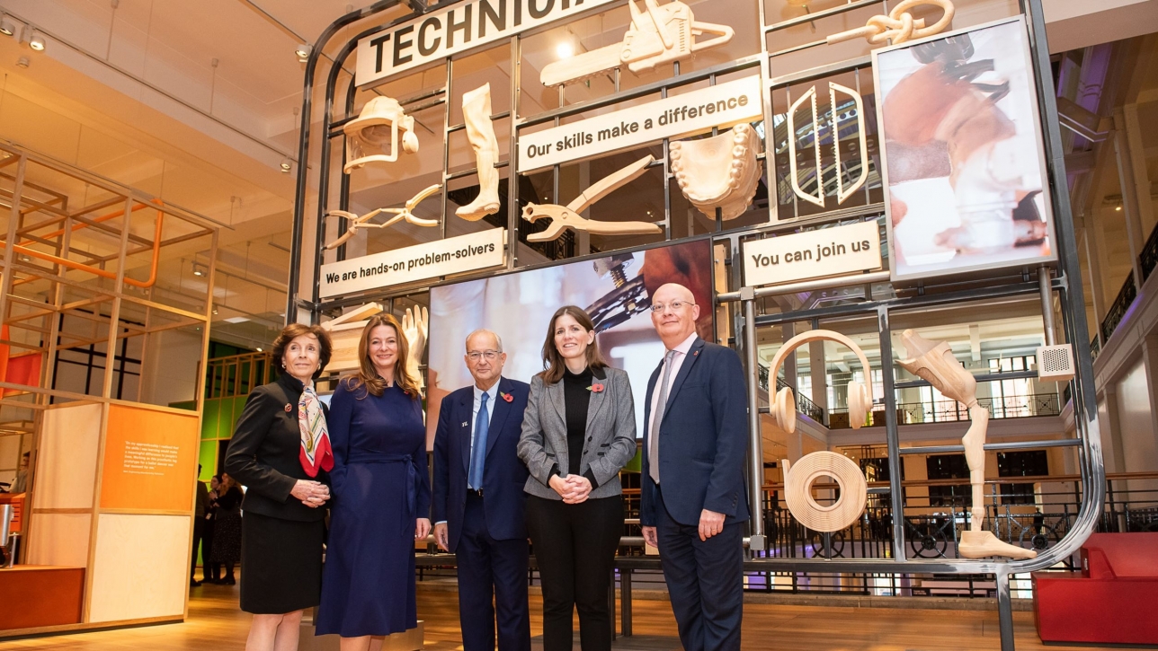 Dame Mary Archer, Chair of Trustees at the Science Museum Group, Gillian Keegan MP, Secretary of State for Education, David Sainsbury, Michelle Donelan MP, Secretary of State for Culture, Media, and Sport, and Sir Ian Blatchford, Director of the Science Museum, at the official launch of Technicians: The David Sainsbury Gallery.
